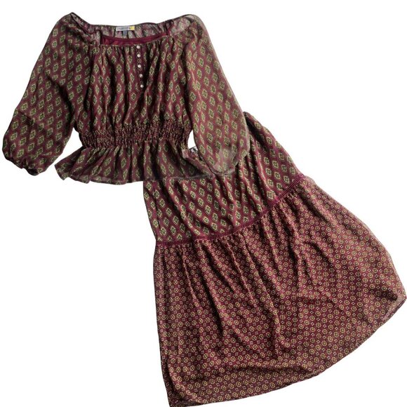 NWT Figueroa & Flower Boho Peasant Top & Skirt Set, Size XL, Burgundy Patterned - Picture 1 of 11